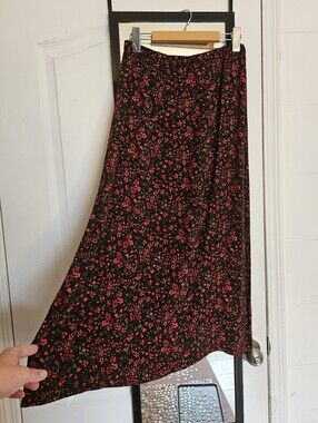 Black and red floral midi skirt